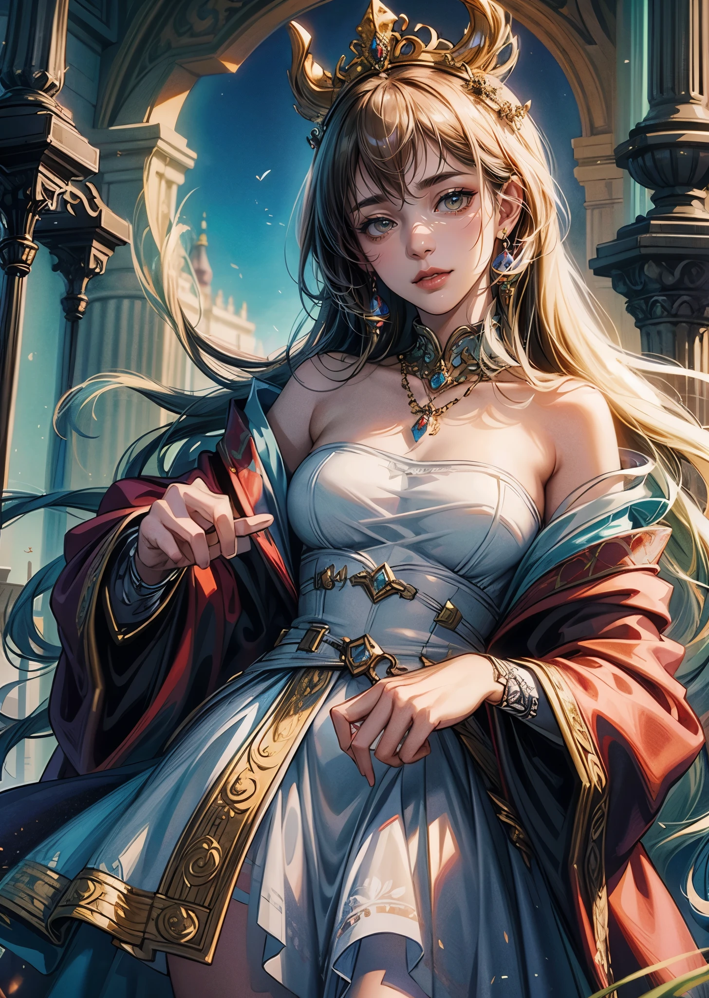 (best quality,ultra-detailed,realistic:1.37),
beautiful women,glowing ornaments,fantasy princes,medieval,
seductive pose,sexy figure,vibrant colors,vividness,
fairy tale garden,mystical atmosphere,enchanted castle,
glistening jewels,elaborate crowns,flowing gowns,
sublime beauty,ethereal aura,magical realm,
golden sunlight,dappled shadows,lush greenery,
intricate details,ornate architecture,distant mountains.