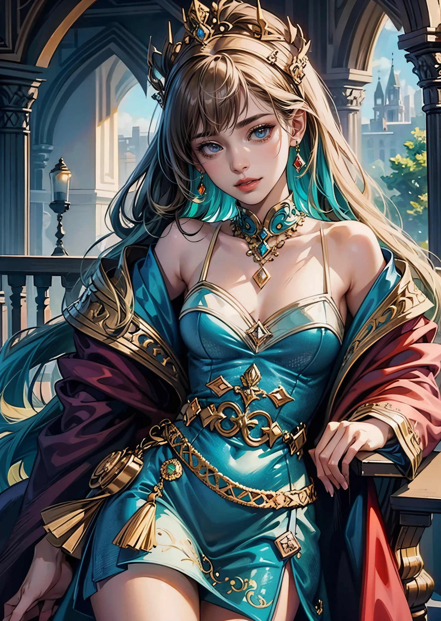 (best quality,ultra-detailed,realistic:1.37),
beautiful women,glowing ornaments,fantasy princes,medieval,
seductive pose,sexy figure,vibrant colors,vividness,
fairy tale garden,mystical atmosphere,enchanted castle,
glistening jewels,elaborate crowns,flowing gowns,
sublime beauty,ethereal aura,magical realm,
golden sunlight,dappled shadows,lush greenery,
intricate details,ornate architecture,distant mountains.