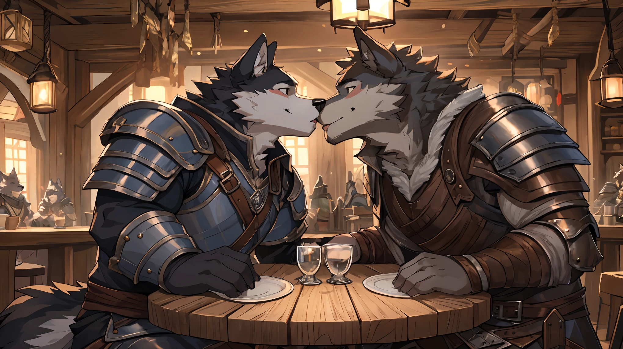 There are two people in armor sitting at a table SeaArt AI