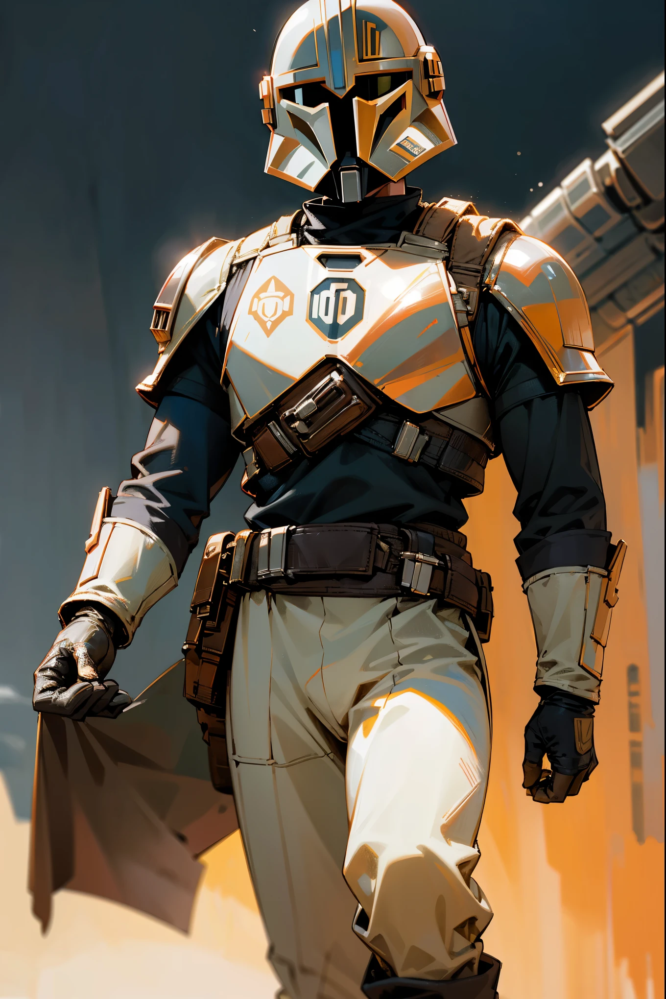 1male, mandalorian armor, (mandalorian), star wars mandalorian, white silver armor, (white armor), rural planet background, star wars blaster, walking on path