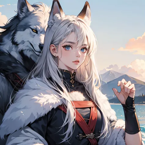 (SFW)Uma linda loba furry, wearing nordic warrior clothes,cabelos vermelhos arrepiados longos,orelhas de lobo,olhos azuis, thin ...
