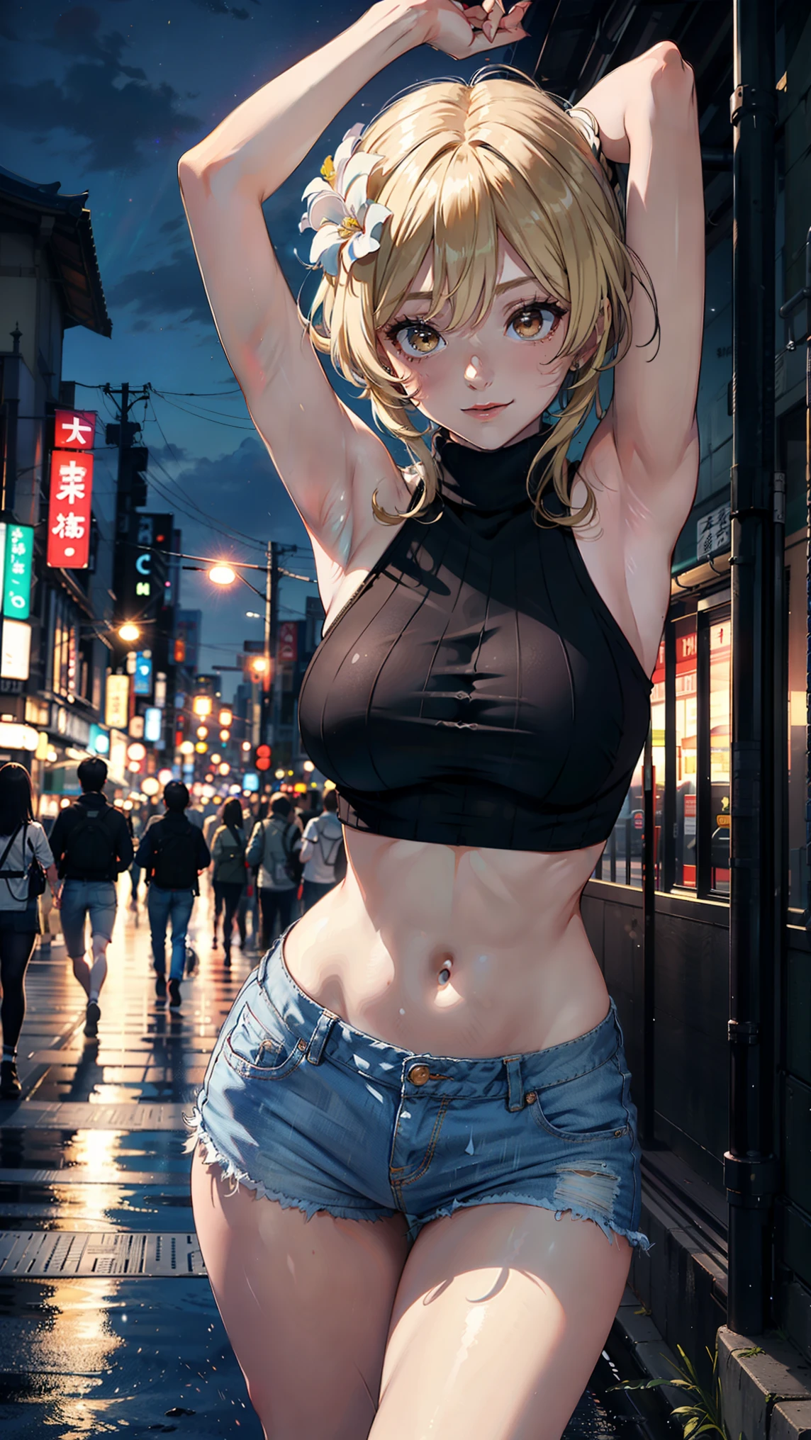 Masterpiece, high quality, 8k, ultra detail, 1 girl, ((luminernd)) standing, night tokyo,outdoors, (large breast), (shorts), navel, (sleeveless turtleneck:1.5), ((armpits poses)), smile,