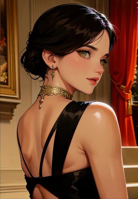 whole body ，wearing black dress、alafid woman wearing necklace and earrings, vesper linde at casino royale, pretty female eva gre...