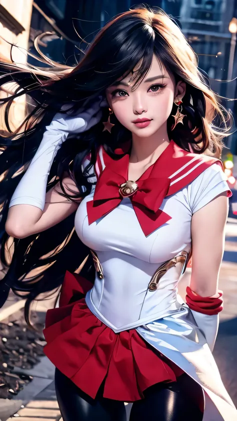 1girl, sailor mars, brown eyes, (jet black hair), (long flowy hair), ((armored sailor senshi uniform:1.1)), ((metallic breast pl...