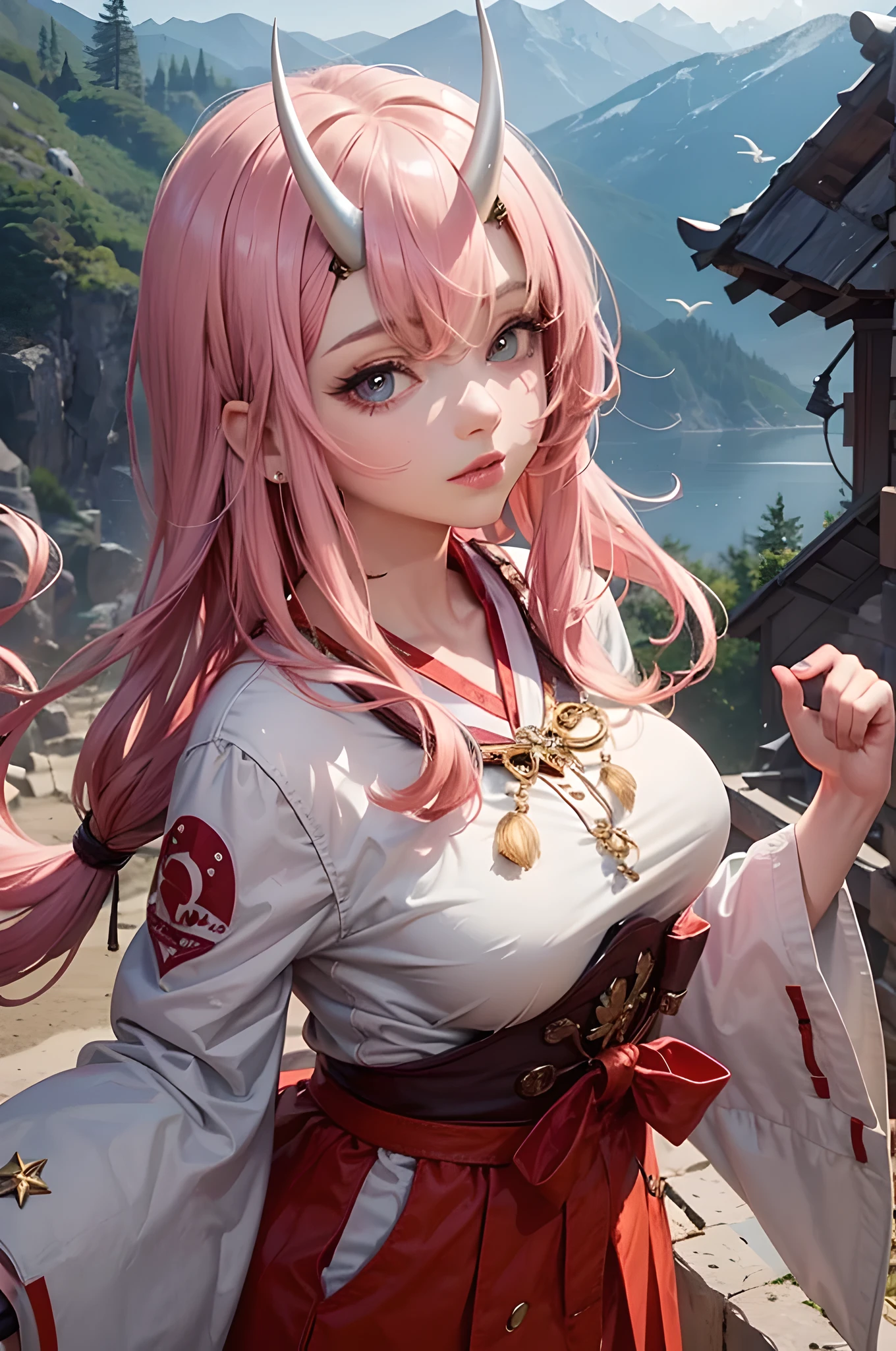 High resolution, highest quality, super detail, (detailed face) (detailed masterpiece), best quality, anime girl with 2 horns and a white shirt standing in front of a mountain