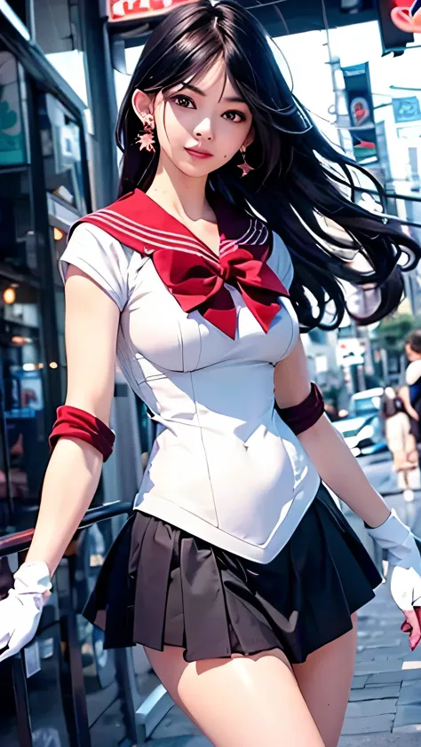 1girl, sailor mars, brown eyes, (jet black hair), (long flowy hair), ((armored sailor senshi uniform:1.1)), ((metallic breast pl...