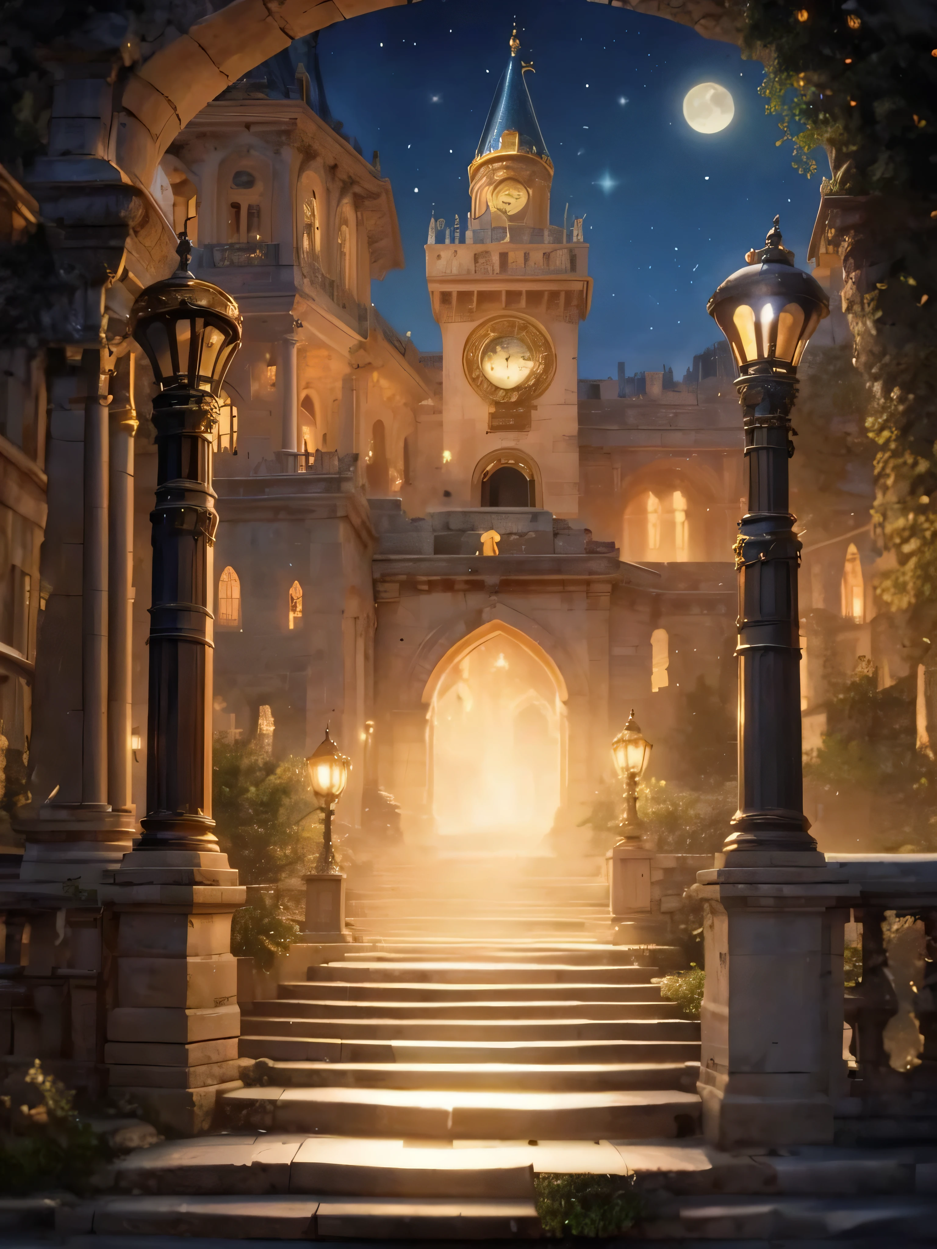 There is a clock tower in the middle of the building, Distant royal steampunk castle, style of Mark Simonetti, 灵感来自Mark Simonetti, Mark Simonetti. complicated, Dreamy and gorgeous lights, art style of Mark Simonetti, fantasy architecture, Beautiful fairy tale rendering, fantasy matte，charming, Fantasy castle, magic castle, Background of the Kingdom of Light