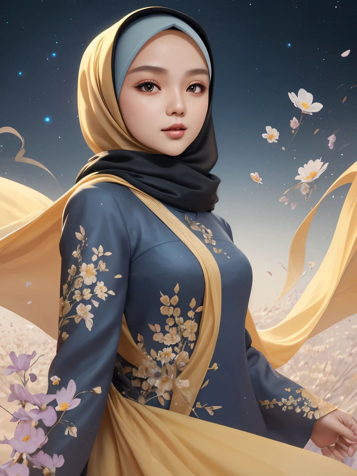 (beste Qualität, Meisterwerk), 1 malaiisches Mädchen im Hijab, Pose, Partikel, wind, Blume, Oberkörper, einfacher Hintergrund, Betrachter betrachten, blonde, galaxy,