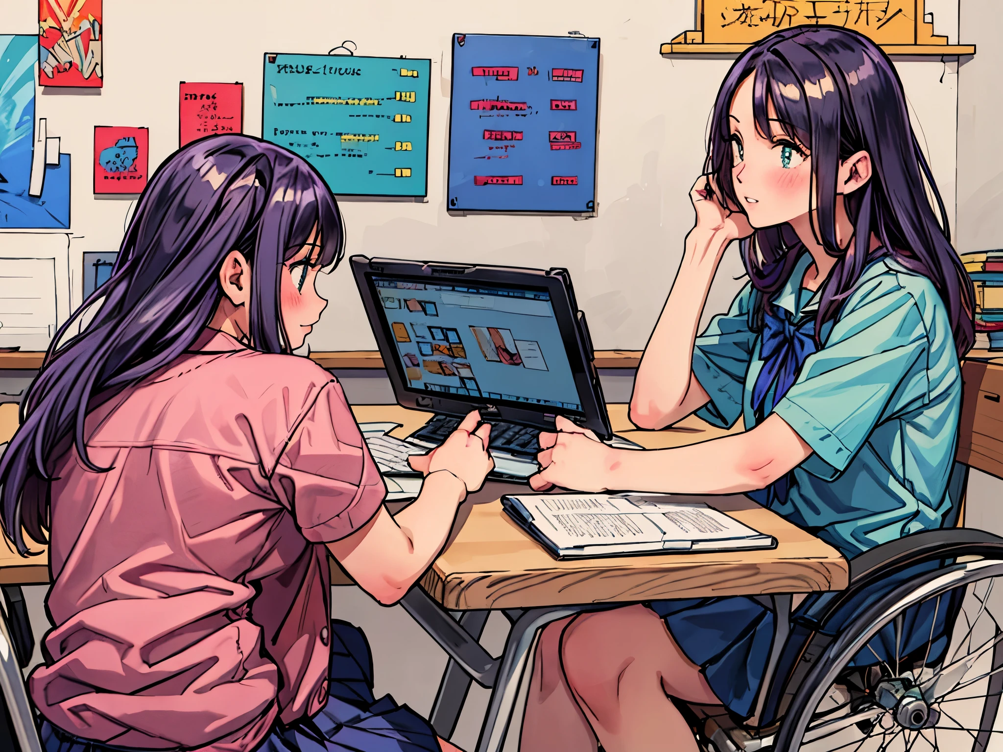 (best quality,4k,highres,ultra-detailed,realistic:1.2),inside the school,inside the classroom,two girls,shy,blush,nervous,extremely detailed eyes,faces to face,riding wheelchair,beautiful detailed eyes,beautiful detailed lips,long eyelashes,,blouse,skirt,shoes,vivid colors,portrait style,dynamic lighting,colorful scene,happy expressions,bookshelves,whiteboard,chalkboard,laptops,desk and chairs,learning materials,open windows,green plants,florescent lights
