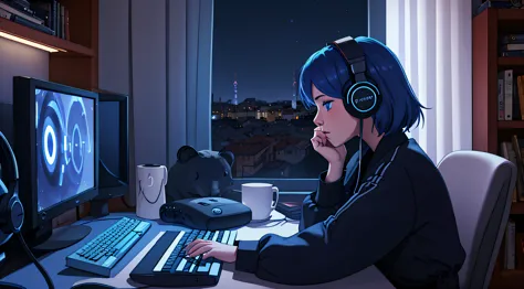 lofistudy, 1girl, from side, typing, bluehead, blue eyes, chair, computer, headphones, indoors, keyboard_\(computer\), laptop, m...
