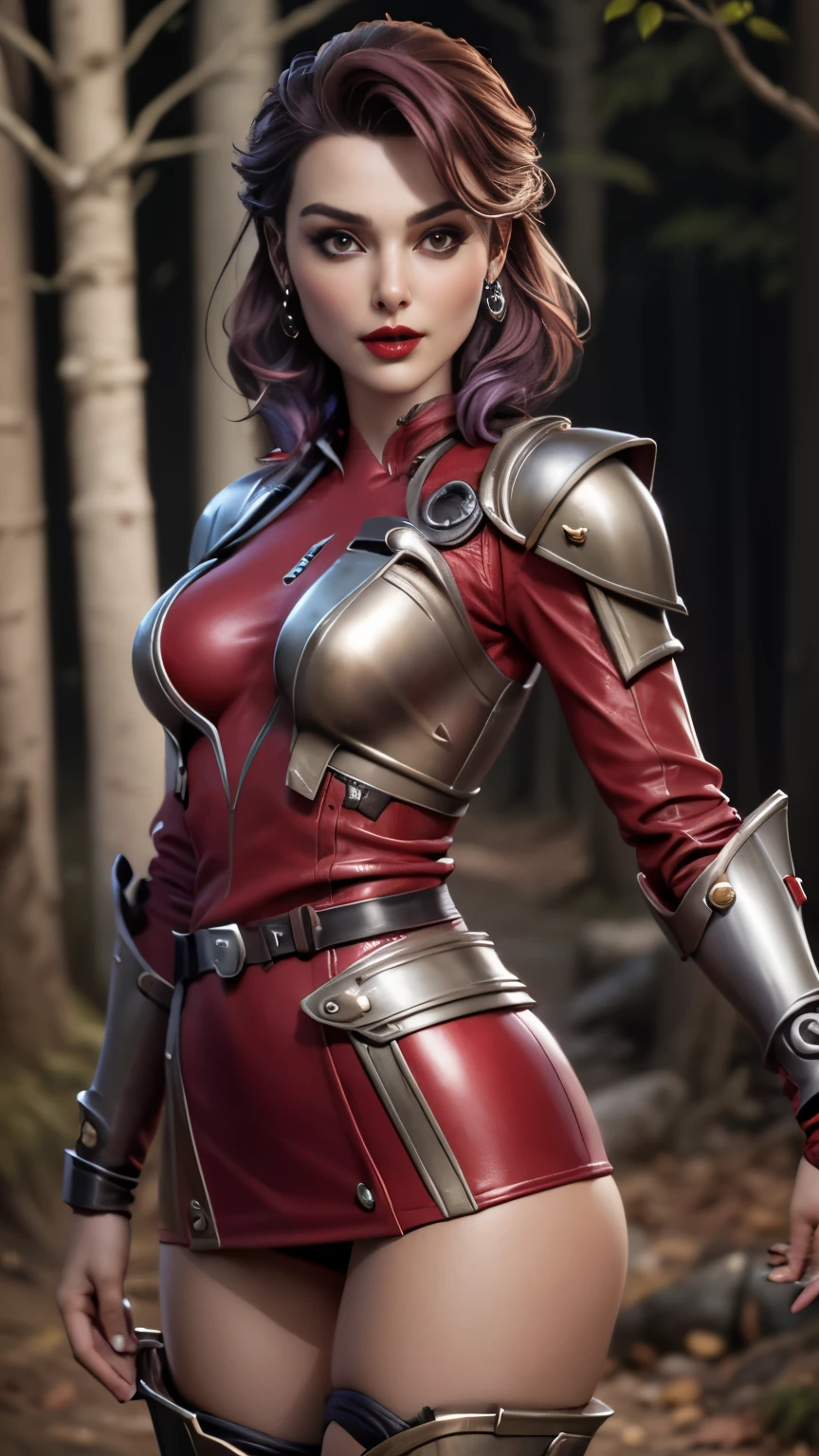 photo of celebrity, RAW, beautiful woman, ((portrait)), ((detailed face, colorful rainbow hair:1.2)), ((detailed facial feature, detailed skin, clear skin, parted lips), (perfect proportioned body, medium breasts), ((wearing red lipstickandalorian style miniskirt suit in metal armor: 1.5)), (high detailed dark forest: 1.3), (realistic photo, best quality, detailed), (8k wallpaper), (cinematic lighting, dramatic lighting) (sharp focus, intricate)