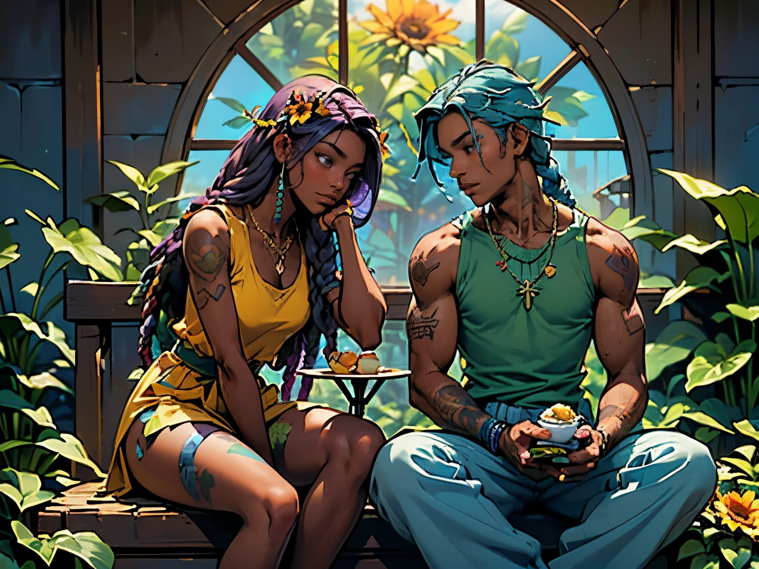 (Exterior: cannabis indica temple garden with sunflowers and roses in bloom with overgrown cannabis indica shrubs), the scene depicting two lovers sharing a peaceful morning meal together,
((Figure 1: 1girl dark-skinned Haitian woman, plump, messy violet hair, multicolored hair between eyes, dreadlocks, glowing halo, scar on cheek, cannabis leaf hair ornament, wearing flowing colorful sundress, sitting comfortably while rolling herbal joint peacefully)) next to ((Figure 2: 1boy, tan Caribbean man, athletic build, flowing braided blue hair, two-tone color hair, prayer bead necklace, wearing tight dark tank top, wearing colorful detailed hakama with sigil designs, tattooed arms and body, sitting next to girl cutting into pancake and eggs breakfast))