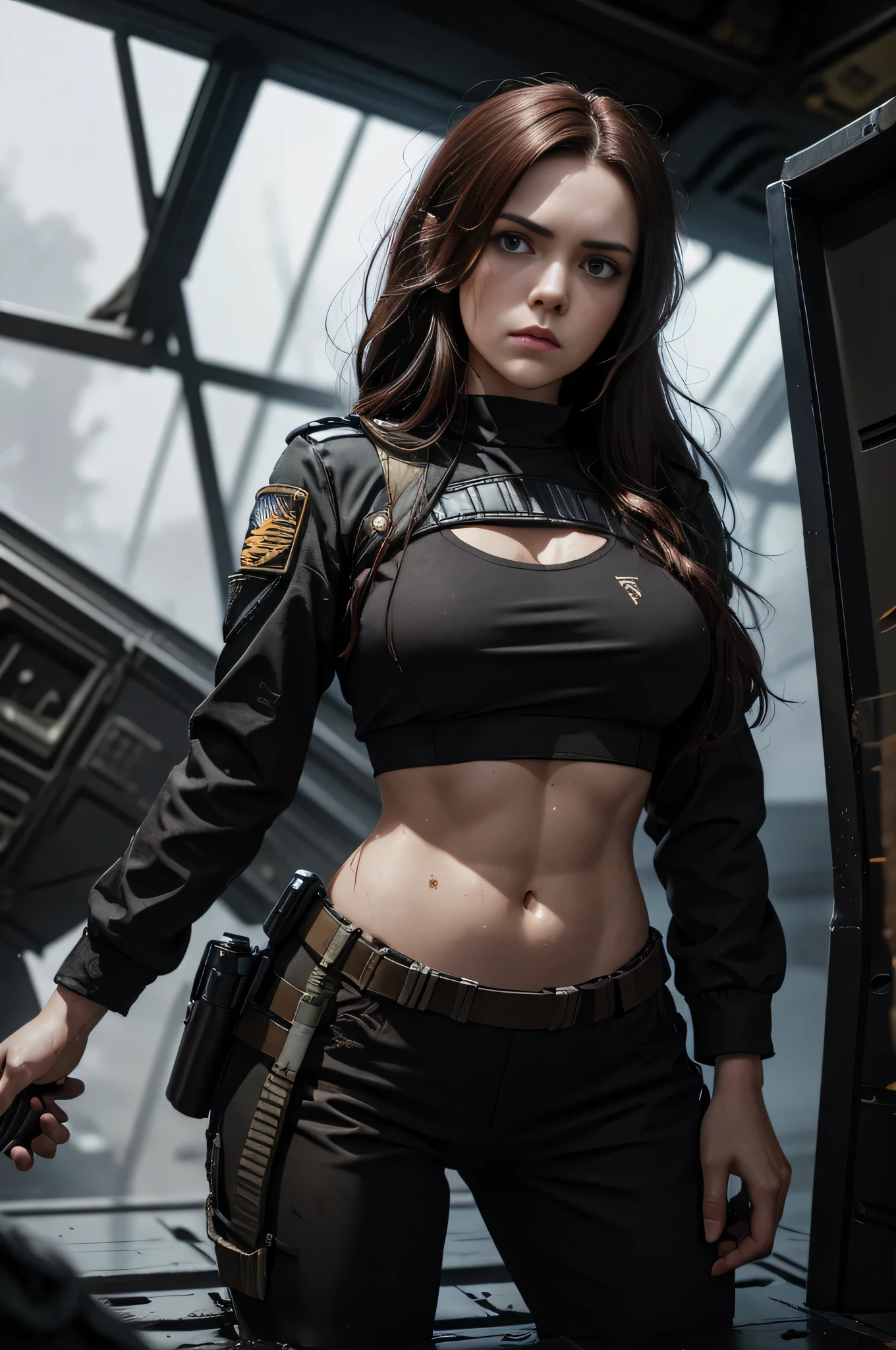 A beautiful female TIE pilot prisonner of Jabba the Hut, The TIE fighter pilot's standard black uniform was tattered and covered in mud. Large pieces of fabric had been torn off during the ordeal of traveling here, including her left sleeve, part of the area covering her midriff, and nearly her entire right trouser pant leg. Even her right boot had gone missing, causing the lieutenant to go partially barefoot. Her top was also nearly falling off, exposing her black sports bra underneath. Her dark red hair was similarly disheveled and plastered to her face with days’ old sweat. Worst of all, she had dropped her blaster pistol in a particularly deep bog yesterday, leaving her largely defenseless. digital painting, ArtStation, Concept art, smooth, sharp focus, illustration, Illustration by Wlop, Charlie Bowater and Alexandra Fomina