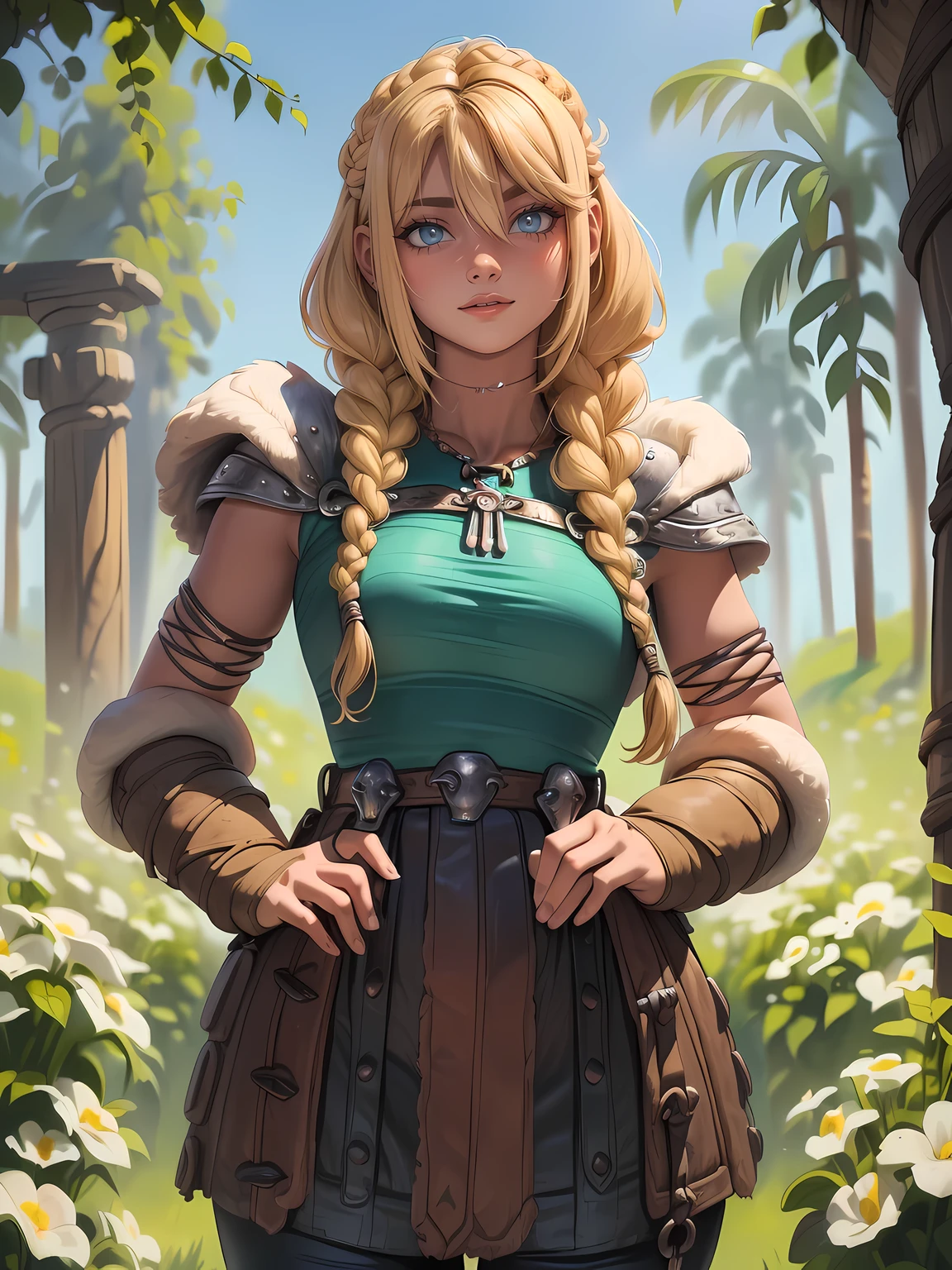 (((masterpiece, top quality, Best Quality, official art, beautiful and aesthetic:1.2))), (((1 girl, Alone, Astrid))), (((Long yellowish blonde hair with braids))), (((extremely detailed))), (((portrait))), (((looking at the viewer))), (((Whole body:0.7))), (((Detailed background of a Viking village))), (((close up))), (((mischievous eyes, naughty face, flirtatious smile))), (((tender))), (((mysterious))), (((walking))), (((developer))), (((Wearing Viking clothes))), ((((giant breasts, neckline, skin denture)))), (((Thin waist, thin hips, long legs))).