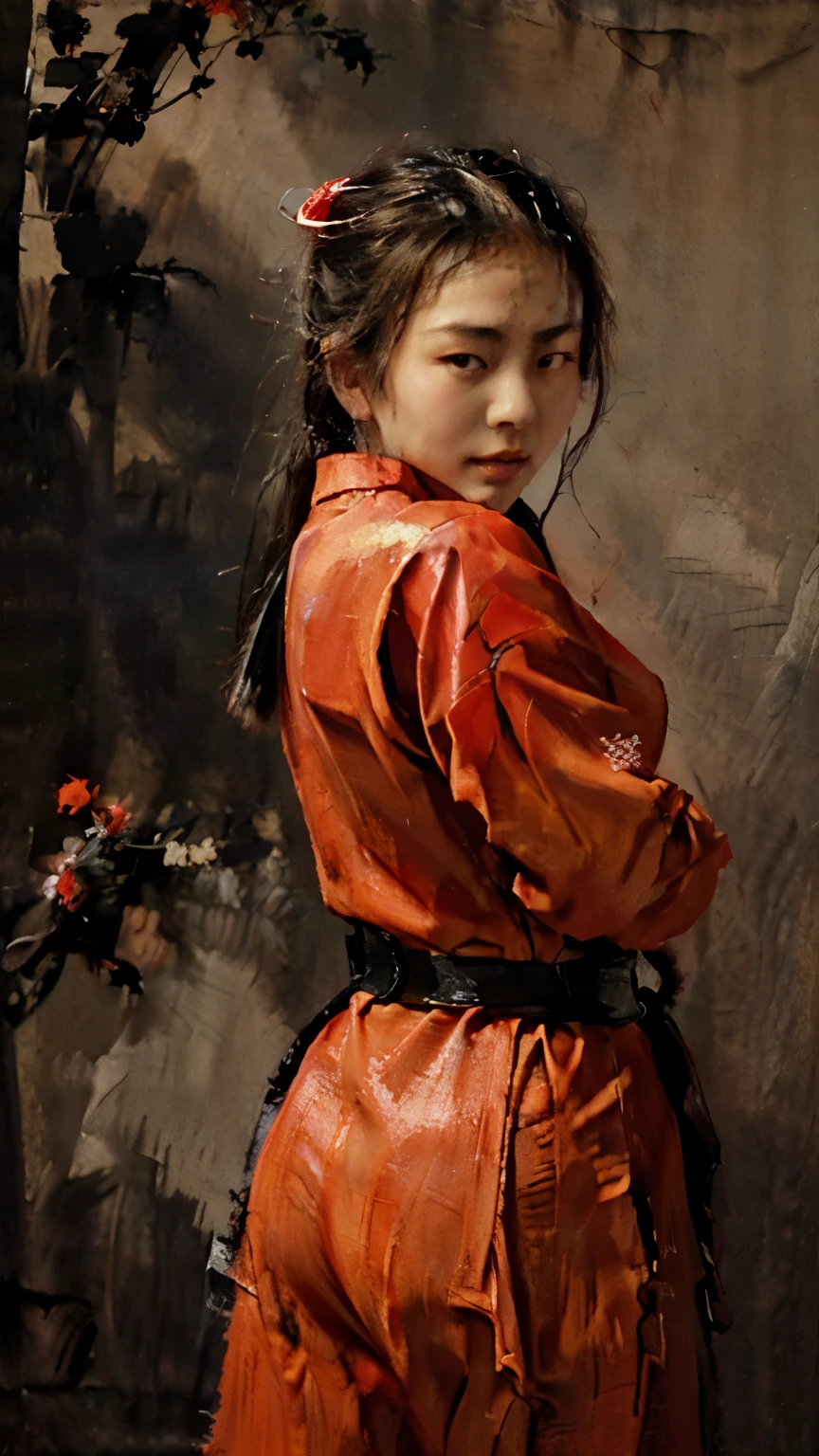 ( 古典的なアジアの油絵 ) a 古典的なアジアの油絵 of a セクシー asian teenager ninja girl wearing a red ninja uniform, 赤い忍者暗殺者の制服, カメラ目線のアクション忍者ポーズ, ((セクシー:1.0)), ((赤い忍者の制服:1.0)) ((古典的なアジアの油絵:1.0))