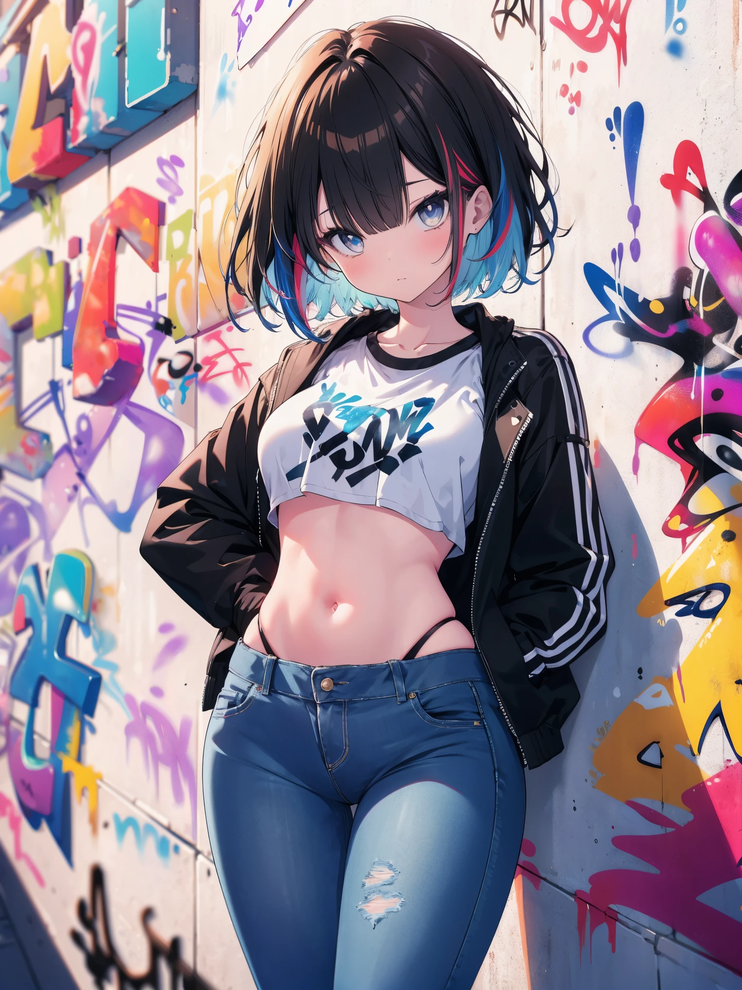 (cowboy shot), (best quality, ultra-high resolution, depth of field:1.2), adult, 1woman, toned body, medium breasts, wide hips, solo, black hair, streaked hair, short hair, bangs, cropped jacket, (black crop top), highleg, highleg panties, highleg thong, (denim jeans), (graffiti:1.4), paint-stained clothes, slouching, laying on the wall, looking at viewer, upturned eyes, head tilt, bored, hands behind back
