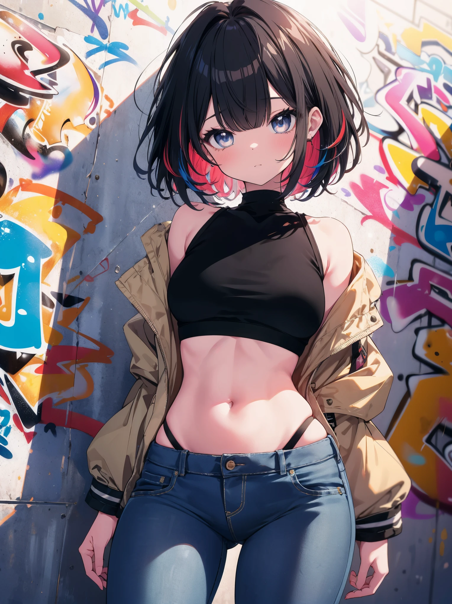 (cowboy shot), (best quality, ultra-high resolution, depth of field:1.2), adult, 1woman, toned body, medium breasts, wide hips, solo, black hair, streaked hair, short hair, bangs, cropped jacket, (black crop top), highleg, highleg panties, highleg thong, (denim jeans), (graffiti:1.4), paint-stained clothes, slouching, laying on the wall, looking at viewer, upturned eyes, head tilt, bored, hands behind back