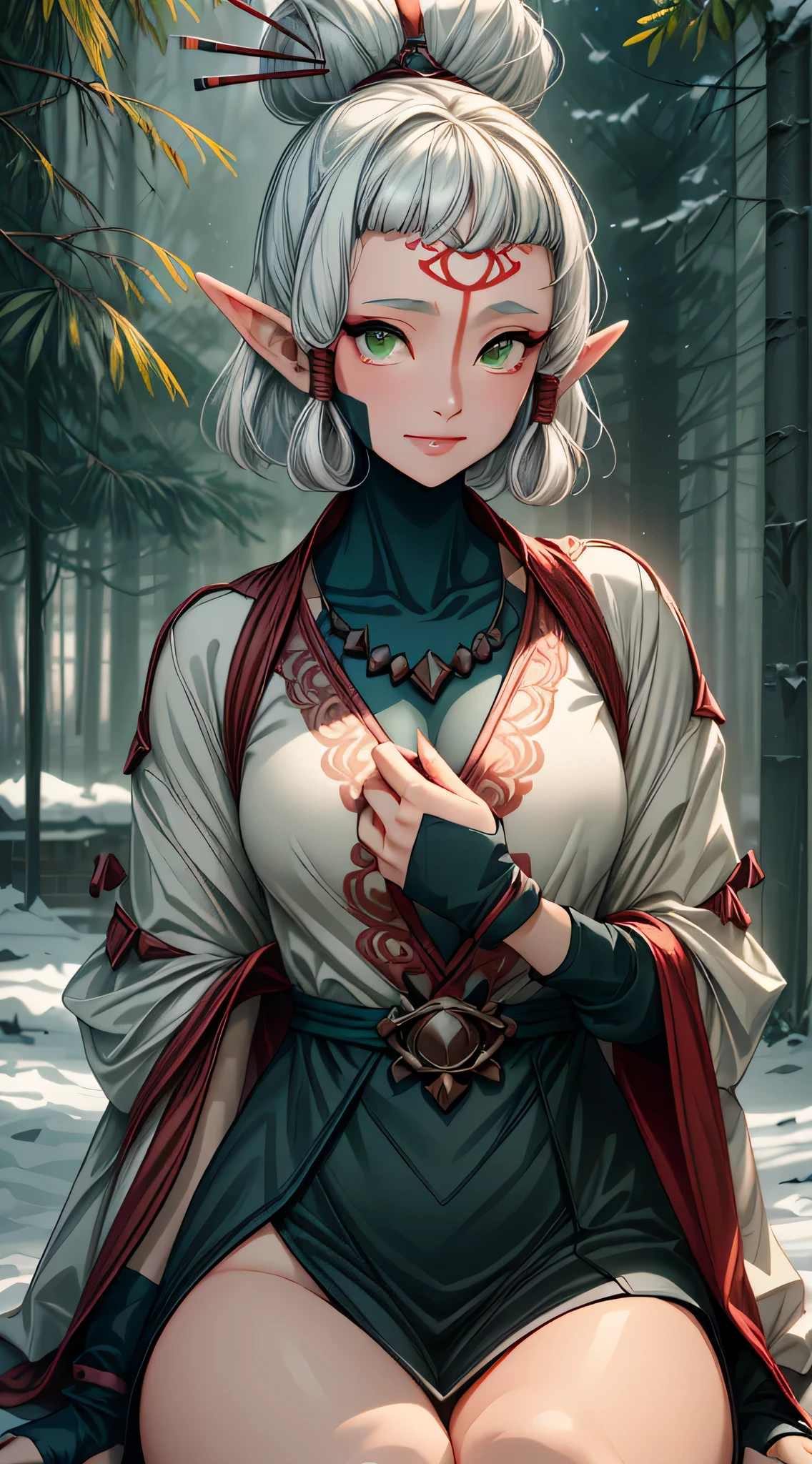 paya, cute elf,((anime elf with extremely cute and beautiful brown hair)), (((elf))), (((elf ears))),((((white hair:1.35,short brown hair,boy haircut,tny short haircut,colored inner hair,ear breathing)))),(((green_eyes:1.3))),intricate eyes,beautiful detailed eyes,symmetrical eyes,big eyes:1.5,(((lustrous skin:1.5,bright skin: 1.5,skin tanned,shiny skin,very shiny skin,shiny body,plastic glitter skin,exaggerated shiny skin,illuminated skin))),(detailed body,(detailed face)), cute,slutty,erotic,daring,((nsfw)), (((intricate outfit,intricate clothes,embroidered outfit,ornate outfit,embroidered clothes,ornate clothes))), (dynamic pose:1.0),happy,smile,(centered,scale to fit dimensions,Rule of thirds), ((snowy pine forest at night)), with dark stormy clouds,winter,scenery:1.25,((snow forest background)),Christmas tree, highres,sharp focus,(ultra detailed,extremely detailed),(photorealistic artwork:1.37),(extremely detailed CG unity 8k wallpaper),(((vibrant colors,vibrant theme))),(intricate),(masterpiece),(best quality), sitting, smiling, grinning 
