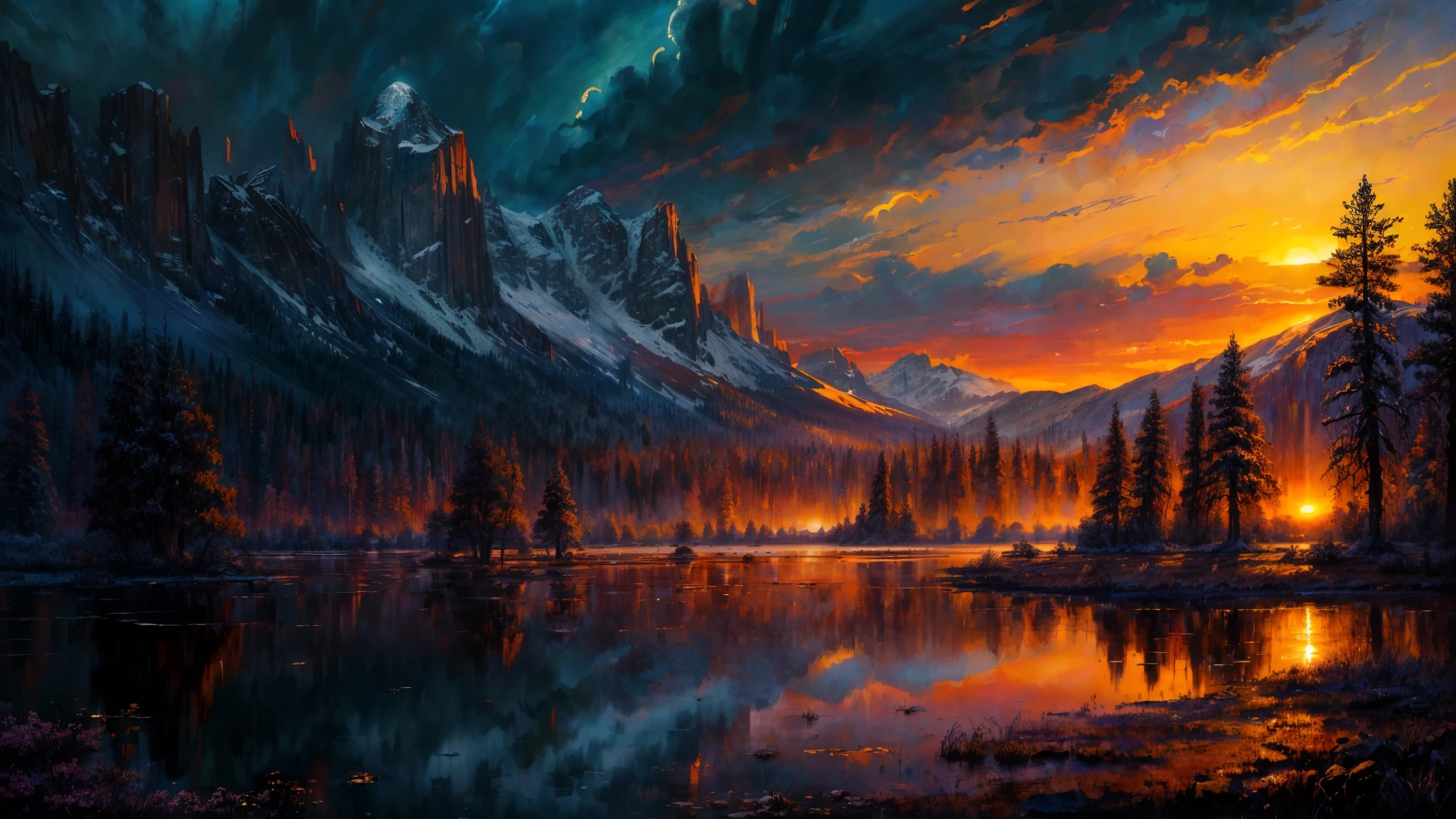 (masterpiece, best quality, high quality, highres:1.4), detailed, extremely detailed, ambient soft lighting, 4K, landscape, (dusk, setting sun, darkening sky:1.3), swamp, mire, mist, mountains in the background, crooked trees, darkness, dark fantasy, gothichorrorai