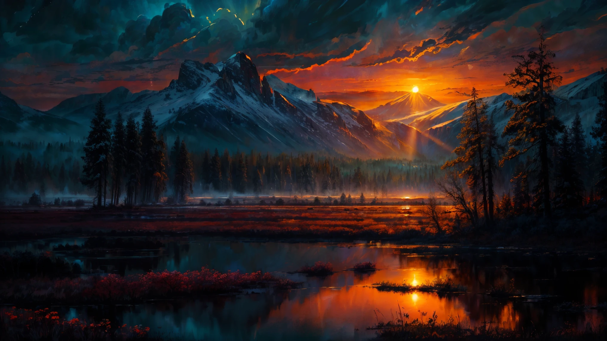 (masterpiece, best quality, high quality, highres:1.4), detailed, extremely detailed, ambient soft lighting, 4K, landscape, (dusk, setting sun, darkening sky:1.3), swamp, mire, mist, mountains in the background, crooked trees, darkness, dark fantasy, gothichorrorai