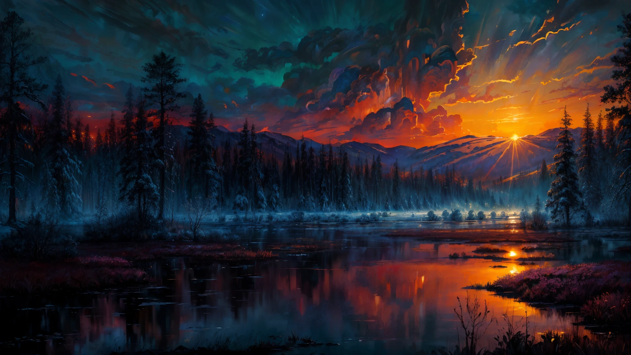 (masterpiece, best quality, high quality, highres:1.4), detailed, extremely detailed, ambient soft lighting, 4K, landscape, (dusk, setting sun, darkening sky:1.3), swamp, mire, mist, mountains in the background, crooked trees, darkness, dark fantasy, gothichorrorai