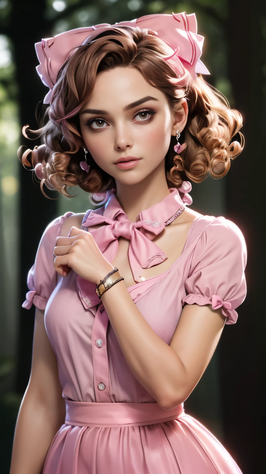 photo of celebrity, RAW, beautiful woman, ((portrait)), ((detailed face, colorful rainbow hair:1.2)), ((detailed facial feature, detailed skin, clear skin, parted lips), (perfect proportioned body, medium breasts), ((wearing Summer Short Sleeves, Hair Bow, Pink Skirt, Bow, Pink Bow, Curly Hair, Chest, Jewelry: 1.5)), (high detailed dark forest: 1.3), (realistic photo, best quality, detailed), (8k wallpaper), (cinematic lighting, dramatic lighting) (sharp focus, intricate)