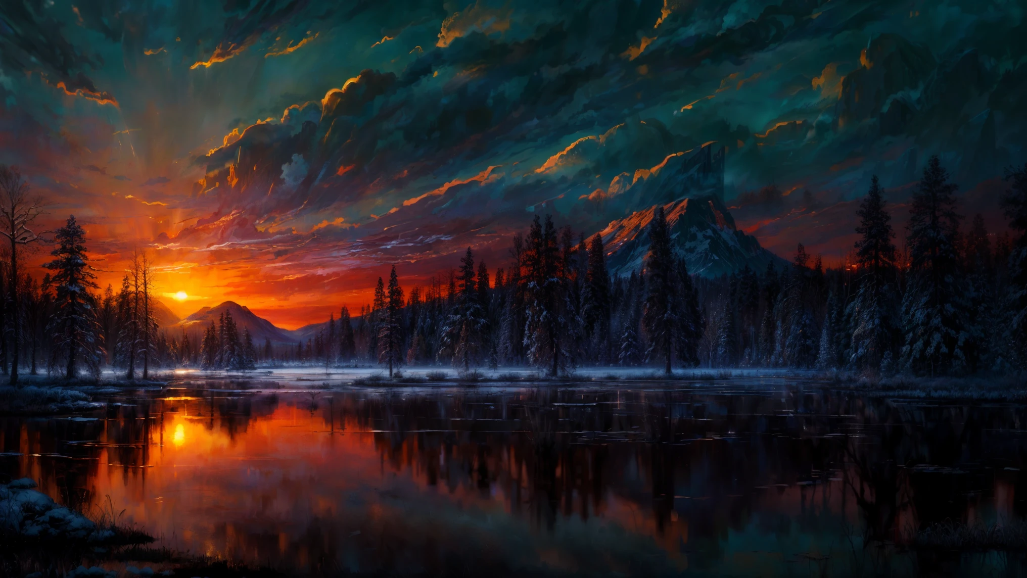 (masterpiece, best quality, high quality, highres:1.4), detailed, extremely detailed, ambient soft lighting, 4K, landscape, (dusk, setting sun, darkening sky:1.3), swamp, mire, mist, mountains in the background, crooked trees, darkness, dark fantasy, gothichorrorai