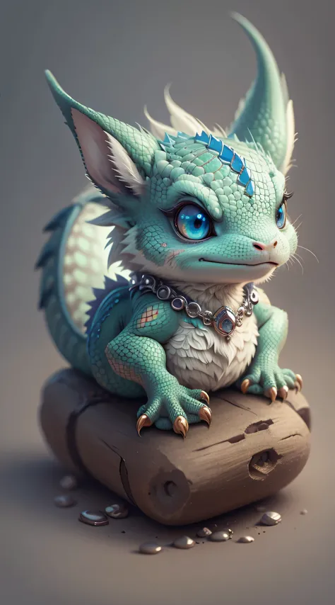 Gorgeous surreal dragon，With realistic eyes and bright different colors，Taking care of necklace, chibi, Cute and cute, logo desi...