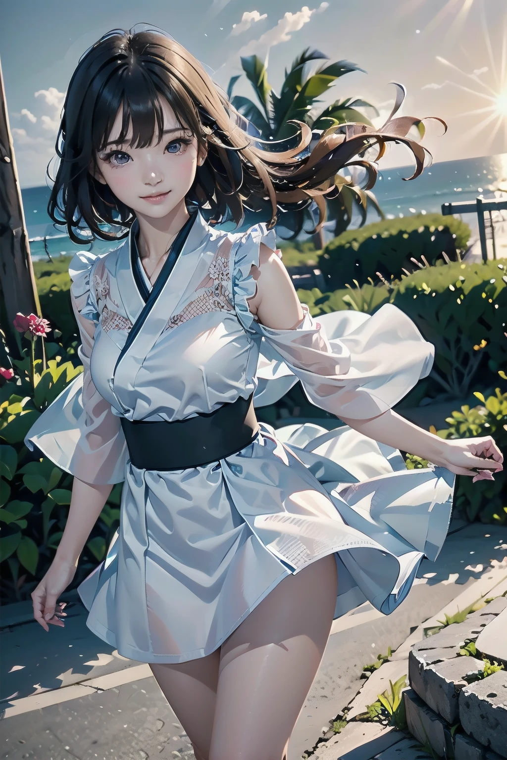 very cute and beautiful girl,white sundress with small ruffles,(very detailed美しい顔と目:1.2),
cowboy shot,smile,black hair,dynamic pose,dynamic angle,looking at the viewer,
walking on the beach,steep cliff in the distance,(highest quality,masterpiece:1.2),(intricate details),very detailed,High resolution,
1 girl,alone,Natural light,hair blowing in the wind,skirt fluttering in the wind,beautiful and detailed sky,