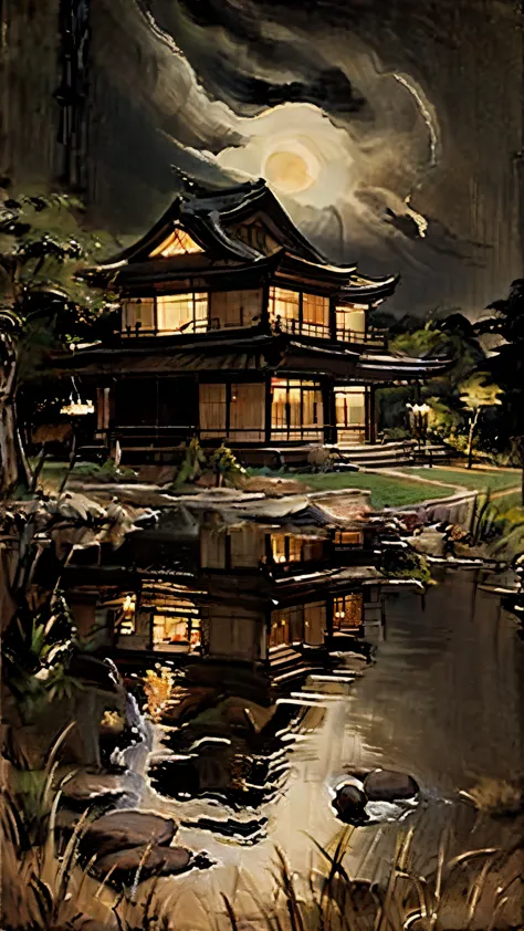 (classic asian oil painting) a classic asian oil painting showing of a landscape and a ancient japanese style black house at nig...