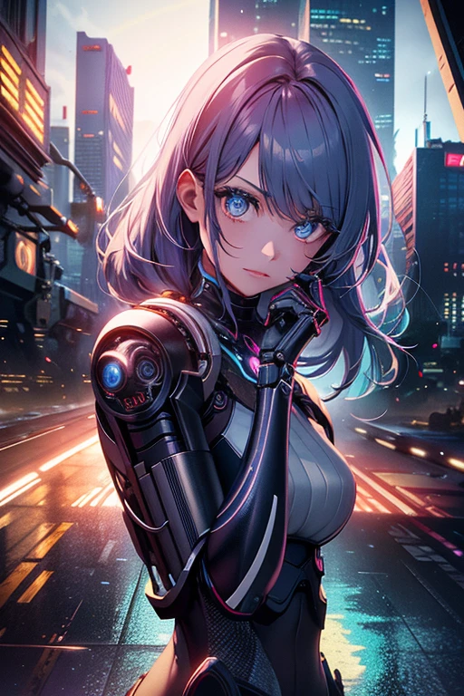 An artwork of a girl with futuristic bionic arms, created using a combination of digital illustration and 3D rendering. The girl has beautifully detailed eyes, lips, and face. Her bionic arms are extremely detailed, showing advanced mechanical components with sleek and silver metallic textures. The background depicts a futuristic cityscape with towering skyscrapers and flying vehicles. The lighting is vibrant and dynamic, with neon lights illuminating the scene. The overall color tone is a mix of cool and warm tones, giving a futuristic and energetic atmosphere. The image is of the best quality, with ultra-detailed precision and a realistic, almost photorealistic appearance.