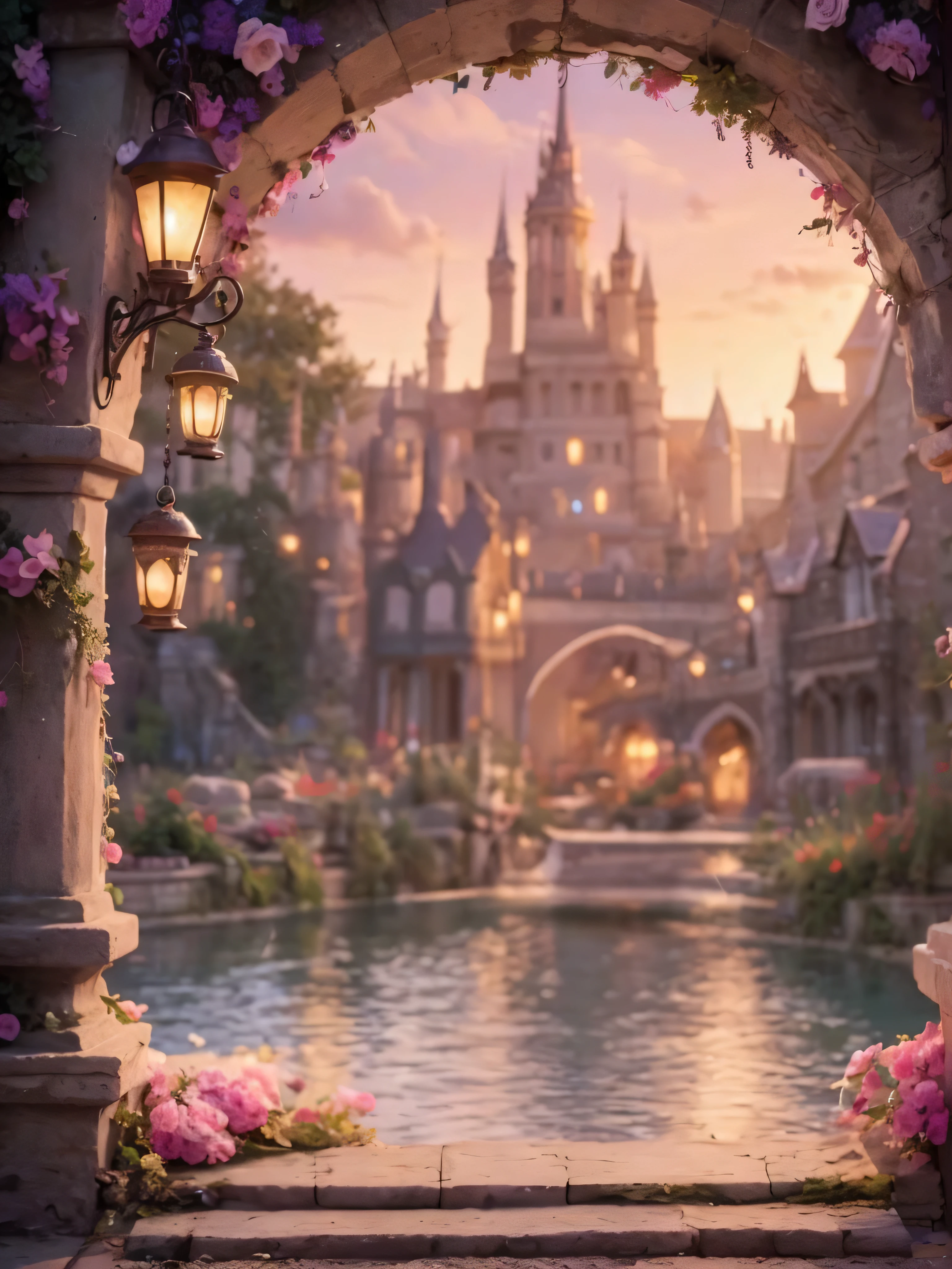 Close-up of a castle with fountain and flowers, Beautiful fairy tale rendering, fairytale place, Very magical and dreamy, Bustling magic town, Medieval fantasy town, Realistic Disney, fantasy matte，charming, magical environment, Beautiful and beautiful, beautiful castle, fantasy aesthetics!, beautiful cityscape, magical city, Unreal Engine ; romantic theme