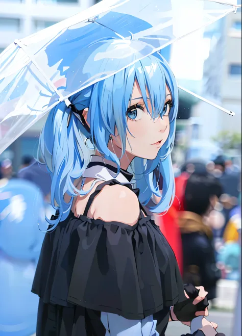 there is a woman blue haired and a black top holding an umbrella, anime girl cosplay, anime cosplay, A mix of anime style and Fu...