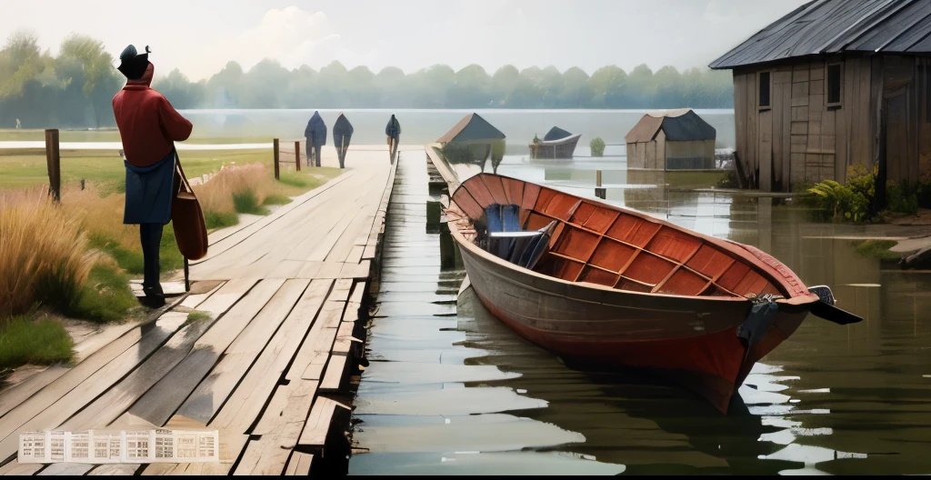 There was a man standing on the dock next to the ship, Beautiful rendering of the Tang Dynasty, at the waterside,Crowboat，Ancient buildings in the distance，stone road，Grass and plants on the left，The wooden house on the right，passers-by，oil paint strokes，Extremely sophisticated concept art，water surface，Exquisite water pattern