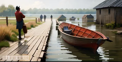 there was a man standing on the dock next to the ship, beautiful rendering of the tang dynasty, at the waterside,crowboat，ancien...