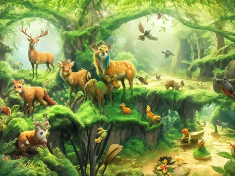 Image of forest scene with animals and birds, filled with fauna, Detailed beautiful animals, in the glade, Magical fantasy fores...