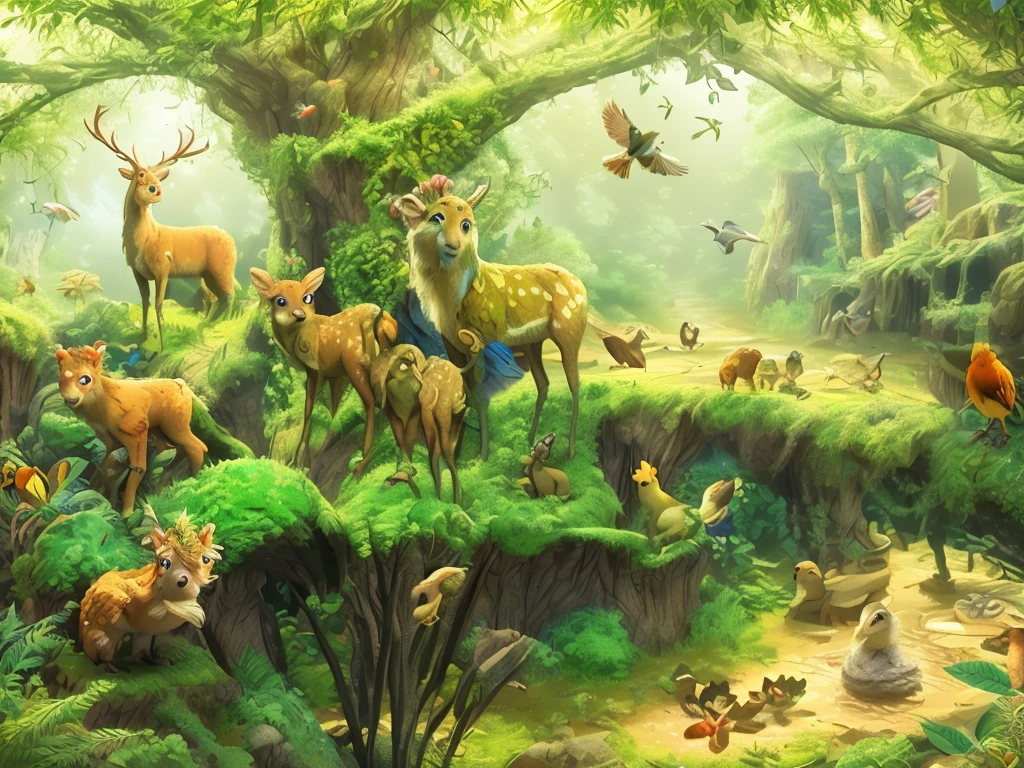 Image of forest scene with animals and birds, filled with fauna, Detailed beautiful animals, in the glade, Magical fantasy forest, in forest clearing, 美丽的大nature, flora and fauna, lush wildlife, nature of reality, enchanted forest, In a picturesque forest diorama, amazing depth, fairy tale kingdom forest, nature, bright fauna