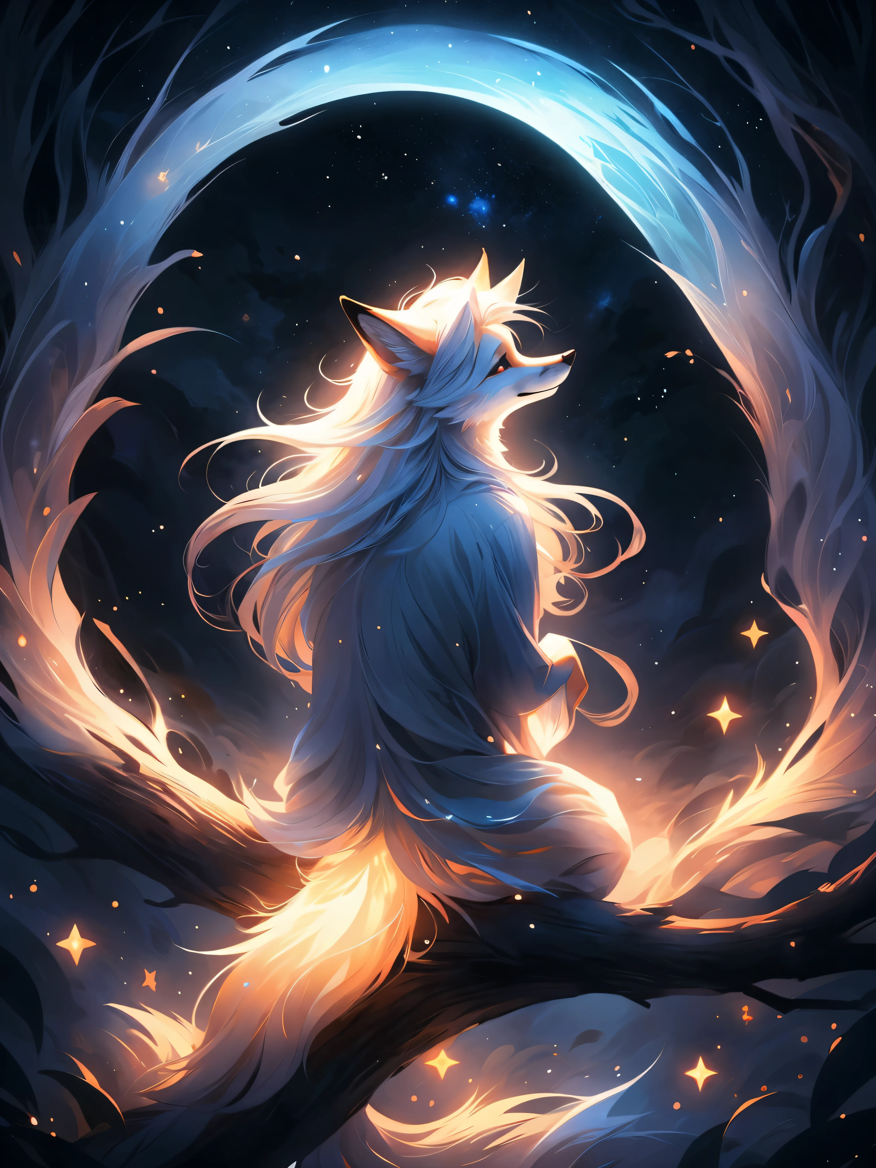 a лиса with white hair sitting on a branch under the stars, ethereal лиса, nine-tailed лиса, Мечтательный, Девять хвостов, Красивая художественная иллюстрация, Таинственное существо, лиса, красивые цифровые изображения, красивая цифровая иллюстрация, яркий свет, высокий контраст, темная атмосфера