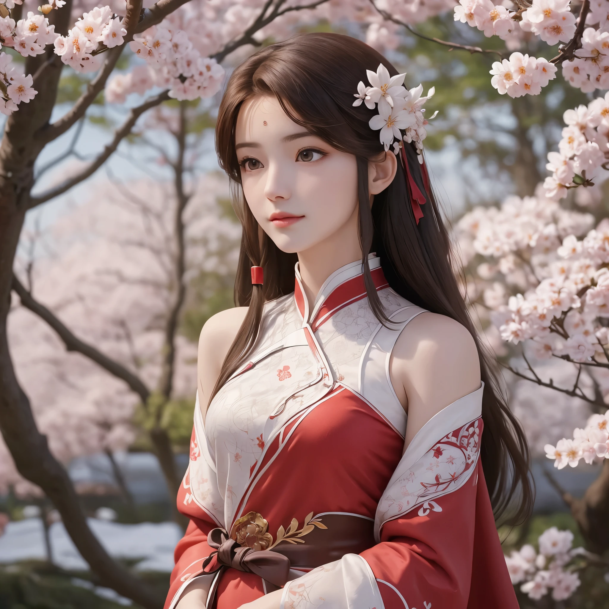 Belle fille aux longs cheveux bruns, yeux marron clair, doux sourire, peau blanche comme neige,Her long hair is decorated with red mulberry flowers 🏵️,La jeune fille portait un simple hanfu blanc traditionnel avec un tissu rouge noué autour de sa taille., Cadre forestier rempli de mûriers ,Fleurs de sakura, beau look oriental dans un hanfu traditionnel simple ,séance photo corps entier view, mains et parties du corps parfaitement dessinées,1 , seulement , Une belle fille portant des manches, portant une fleur de cerisier comme couvre-chef sur les cheveux ,sous un arbre, fleurs de cerisier mûrier, Graphiques réalistes, vue parfaite du corps en photo, vue détaillée et complexe du jardin, Fleurs de sakura, central se concentrant sur la fille dans les graphiques,  hésitant devant le spectateur, séance photo corps entier various pose, photo de pose en pied,différentes poses de photos pour des illustrations de collection de corps complet, portant un hanfu blanc traditionnel simple avec un tissu rouge attaché autour de sa taille, séance photo corps entier, 8k ,sitting under a Fleurs de sakura tree 