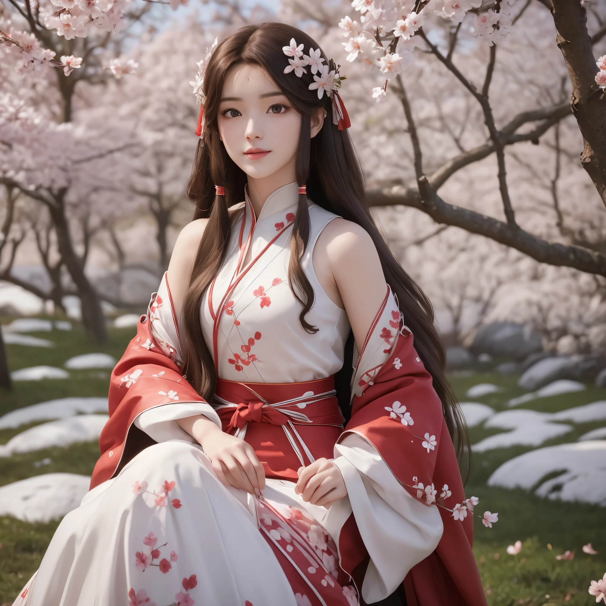 Linda garota com longos cabelos castanhos, olhos castanhos brilhantes, Doce sorriso, pele branca de neve,Her long hair is decorated with red mulberry flowers 🏵️,A garota usava um hanfu branco tradicional simples com um pano vermelho amarrado na cintura, Ambiente florestal cheio de amoreira ,flores de sakura, um belo visual oriental em um hanfu tradicional simples ,foto de corpo inteiro view, mãos e partes do corpo perfeitamente desenhadas,1 , Sozinho , Uma bela garota usando mangas, usando flores de cerejeira como acessório de cabelo ,debaixo de uma árvore, flores de amoreira e cerejeira, Gráficos realistas, visão de fotoshot de corpo perfeito, vista detalhada intrincada do jardim, flores de sakura, foco central na garota nos gráficos,  vacilando no espectador, foto de corpo inteiro various pose, pose de fotoshot de corpo inteiro,várias poses de fotoshot para ilustrações da coleção completa do corpo, vestindo um hanfu branco tradicional simples com um pano vermelho amarrado na cintura, foto de corpo inteiro, 8K ,sitting under a flores de sakura tree 