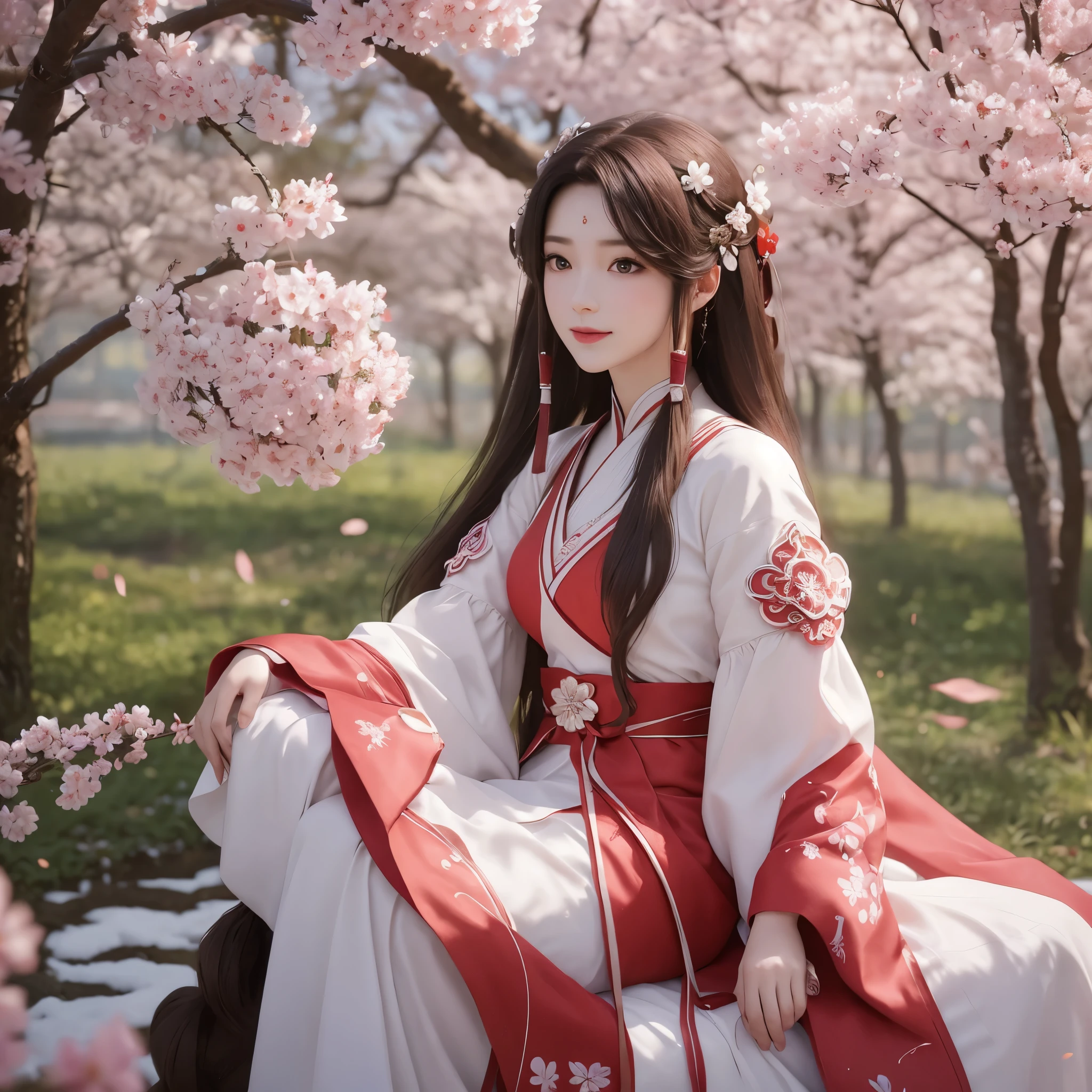 Hermosa chica con cabello largo y castaño, ojos marrones brillantes, dulce sonrisa, piel blanca como la nieve,Her long hair is decorated with red mulberry flowers 🏵️,La niña vestía un sencillo hanfu tradicional blanco con una tela roja atada alrededor de su cintura., Entorno de bosque lleno de moreras ,flores de sakura, hermoso aspecto oriental en hanfu tradicional simple ,sesión de fotos de cuerpo completo view, manos y partes del cuerpo perfectamente dibujadas,1 , solo , Una hermosa chica con mangas., usando flores de sakura como tocado en el cabello ,Bajo un árbol, flores de sakura de morera, Gráficos realistas, vista de sesión de fotos de cuerpo perfecto, vista intrincada y detallada del jardín, flores de sakura, central centrándose en la chica en los gráficos,  vacilando ante el espectador, sesión de fotos de cuerpo completo various pose, pose de fotografía de cuerpo entero,varias poses fotográficas para ilustraciones de la colección de cuerpo completo, vistiendo un tradicional hanfu blanco simple con una tela roja atada alrededor de su cintura, sesión de fotos de cuerpo completo, 8K ,sitting under a flores de sakura tree 