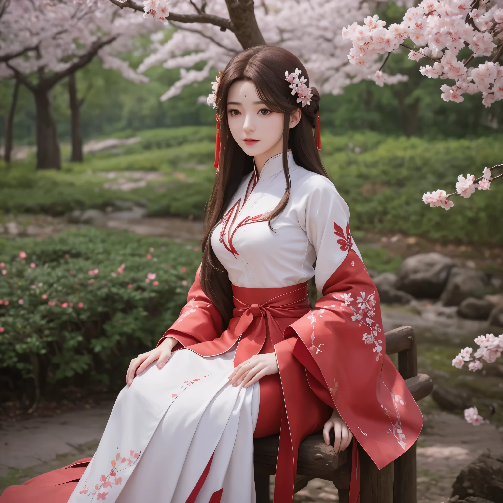 Beautiful girl with long brown hair, bright brown eyes, sweet smile, snow white skin,Her long hair is decorated with red mulberry flowers 🏵️,The girl wore a simple traditional white hanfu with a red cloth tied around her waist, Forest setting filled with mulberry tree ,sakura blossoms, beautiful oriental look in simple traditional hanfu ,full-body photoshot view, perfectly drawn hands and body parts,1 , solo , A Beautiful girl wearing sleeves, wearing sakura flower as Headwear on hair ,under a tree, mulberry sakura flowers, realistic graphics, perfect body photoshot view, intricate detailed garden view, sakura blossoms, central focusing on girl in graphics,  wavering at viewer, full-body photoshot various pose, full length photoshot pose,various photoshot pose for illustrations of complete body collection, wearing a traditional simple white hanfu with a red cloth tied around her waist, full-body photoshot, 8k ,sitting under a sakura blossoms tree 