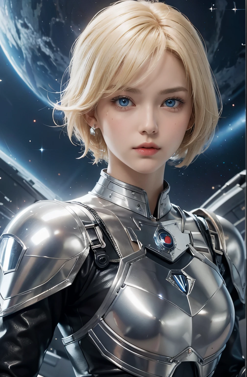 A beautiful woman. 20s. Blonde hair and blue eyes. Short hair. She is looking at the camera with a defiant expression. She wears a silver metallic battle uniform. There is something on his waist that is reminiscent of Kamen Rider's transformation belt. In her background is an image of outer space and a giant space battleship. A masterpiece.