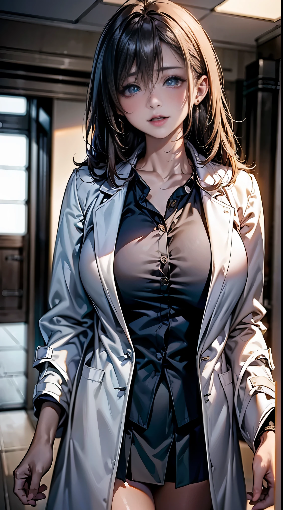 realistic beautiful doctor、amazingly beautiful、(doctor&#39;s white coat:1.8), collared shirt、(highest quality、8k、32K、masterpiece、nffsw:1.3)、超A high resolution,(Photoreal:1.4),Raw photo, detailed face,,beautiful hair, ((doctor style)), , black tight skirt、 natural makeup,, big and full breasts、Inside the hospital, detailed background, perfect lighting, Depth of the bounds written, beautiful shadow gradation,Stethoscope ,