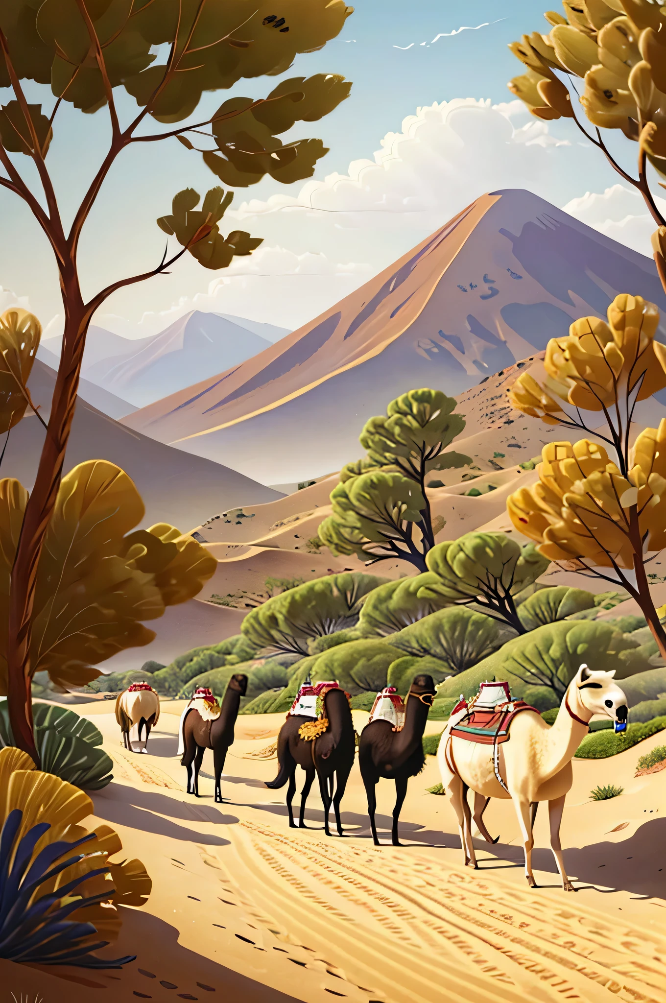 Un troupeau de chameaux marchant dans le désert，dessin animé，illustration des enfants，ultra HD 4k