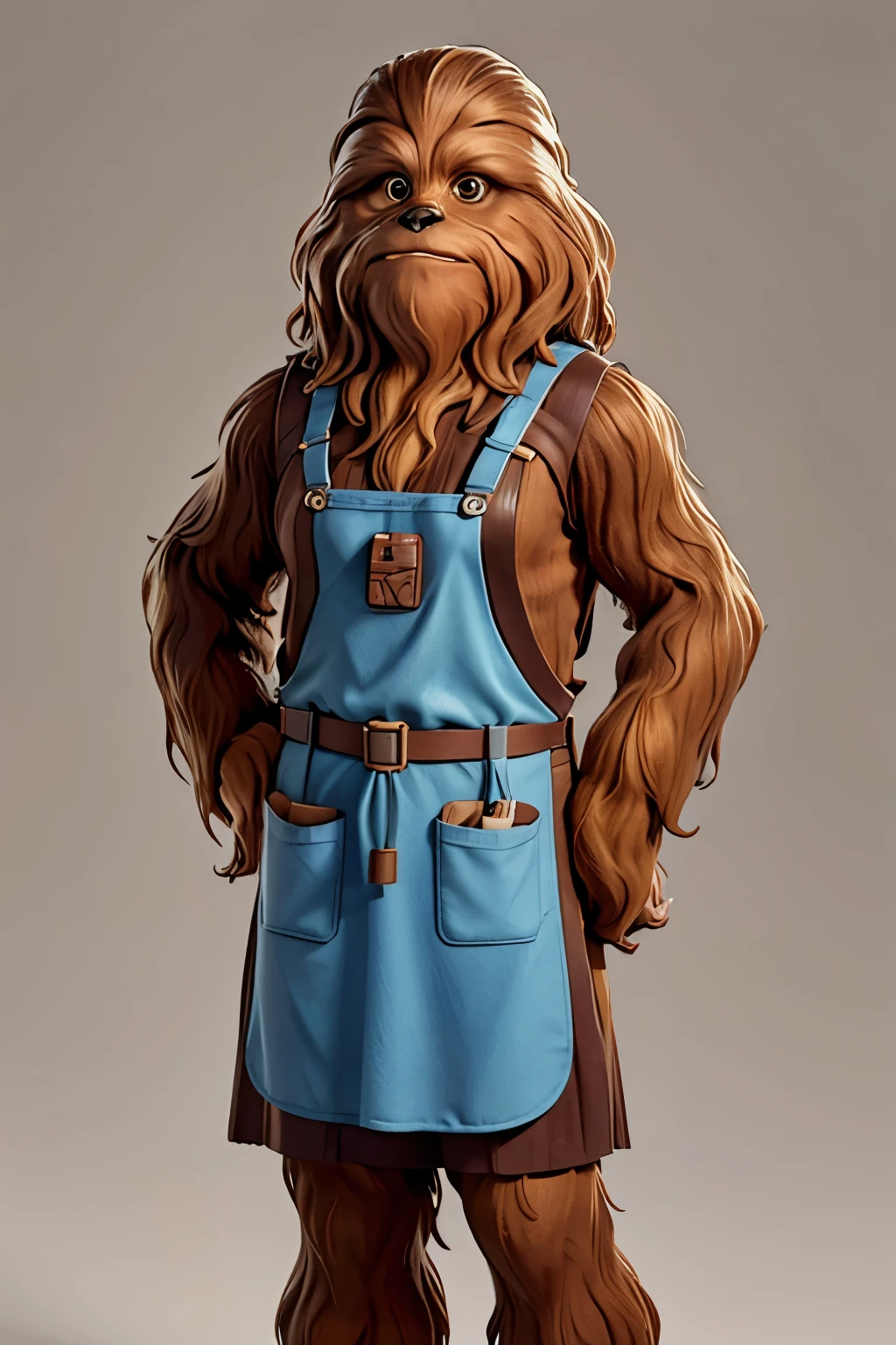 Wookiee, middle-aged, male, shopkeer, ((wearing an apron)), blank background, looking at viewer