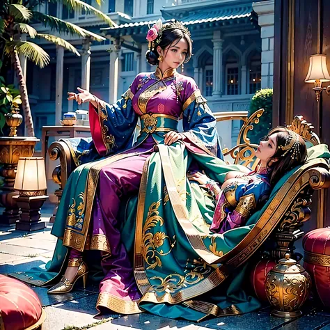 a woman with gigantic breast in a blue and pink outfit posing in a garden, wearing an ornate outfit, wearing ornate clothing, we...