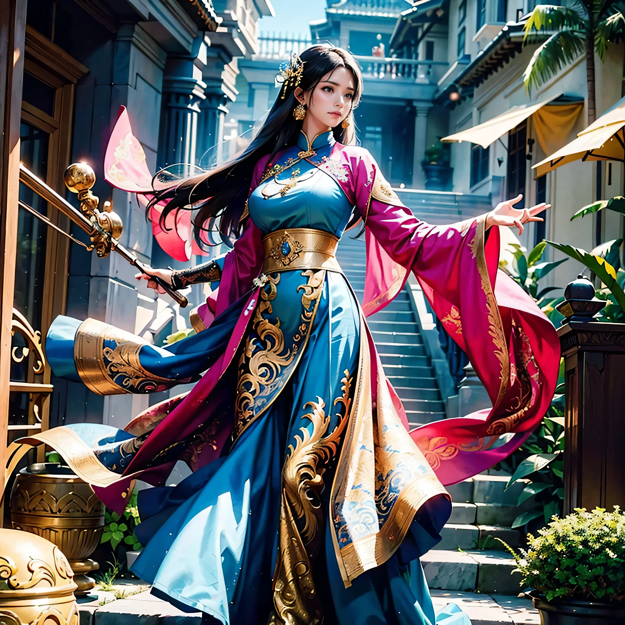 a woman with gigantic breast in a blue and pink outfit posing in a garden, wearing an ornate outfit, wearing ornate clothing, wearing ornate silk clothes, inspired by Rudy Siswanto, traditional beauty, ornate attire, intricate silk clothing, ornate clothing, beautiful oriental woman, ao dai, beautiful costume, by Basuki Abdullah, beautiful digital artwork, portrait shot, intricate outfit, masterpiece, best quality:1.2),,(8k,highres,RAW photo,realistic,photo-realistic:1.3),(detailed skin texture,detailed cloth texture,beautiful detailed face:1.25),professional lighting,photon mapping,beautiful soft light,radiosity,physically-based rendering,raytracing, model shoot style, model shoot style, (extremely detailed CG unity 8k wallpaper), full shot body photo of the most beautiful artwork in the world,