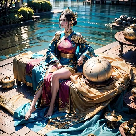 a woman with gigantic breast in a blue and pink outfit posing in a garden, wearing an ornate outfit, wearing ornate clothing, we...