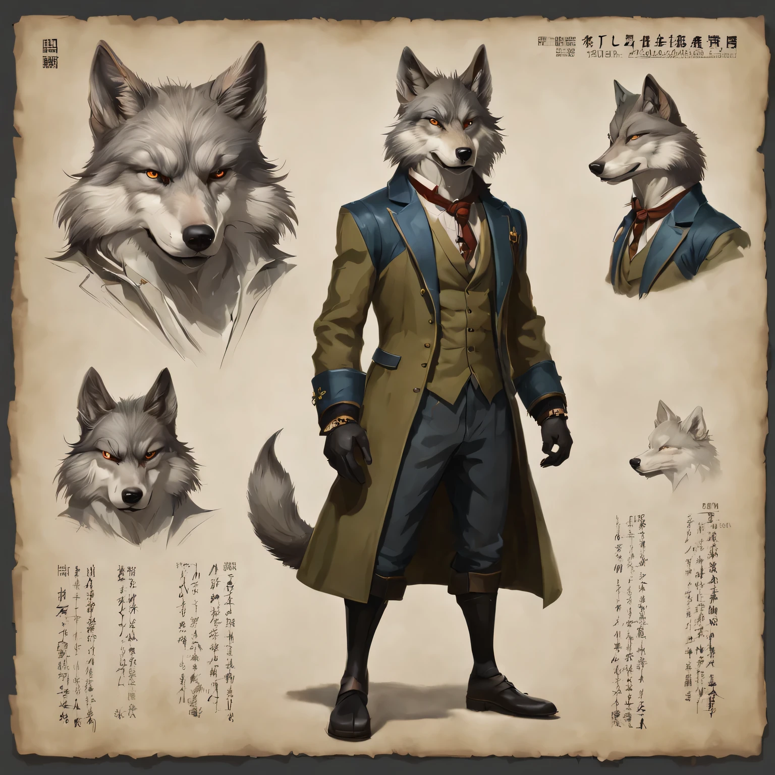 キャラクターデザインシート, 擬人化された紳士の狼, マーク・ライデン風, シュエ・ワン, 絶妙な技量, 高いディテール, 8k, 現実的, 技術的特徴を持つ碑文, キャラクターの説明が与えられている, 彼の強みが発揮されている